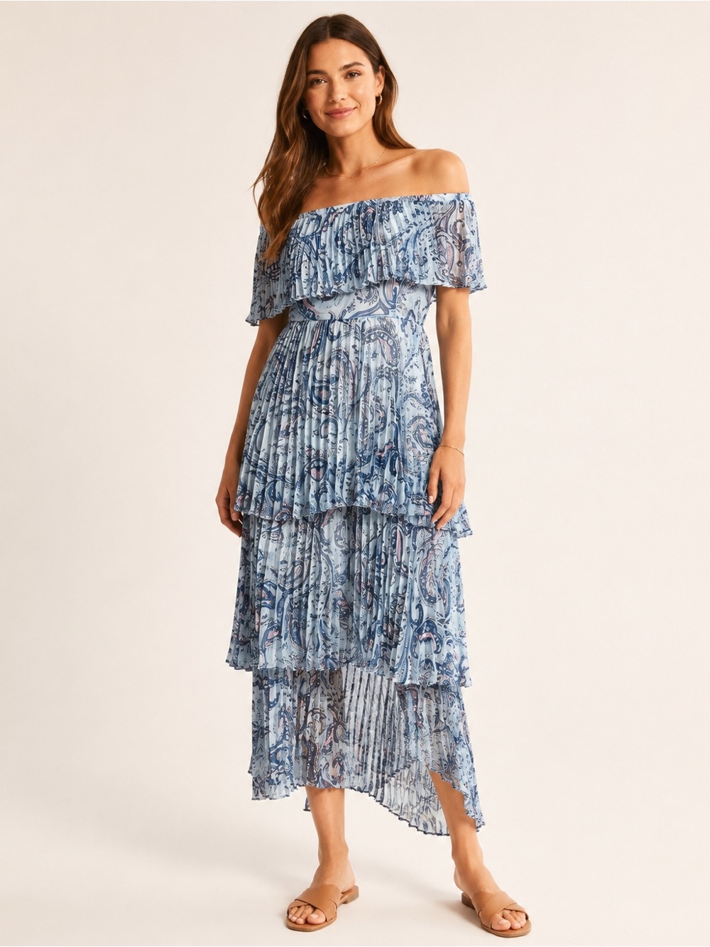 AQUA Blue Paisley Off Shoulder Ruffle Pleated Tiered Maxi Dress NWT XS